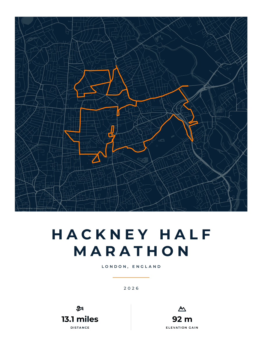 Hackney Half Marathon route poster preview in the Race Blueprint artwork style