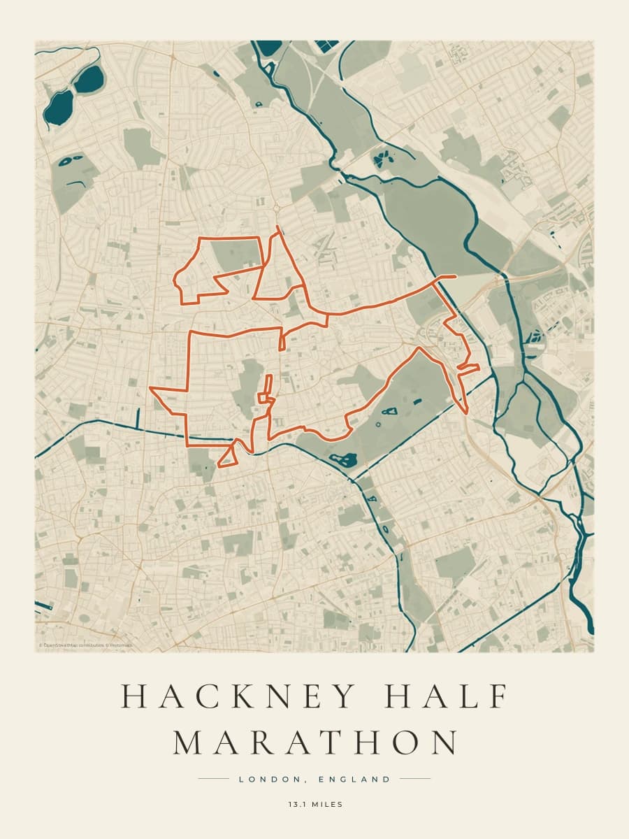 Hackney Half Marathon route poster preview in the Coastal Atlas artwork style