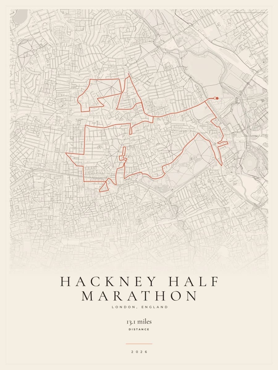 Hackney Half Marathon route poster preview in the Gallery Mono artwork style