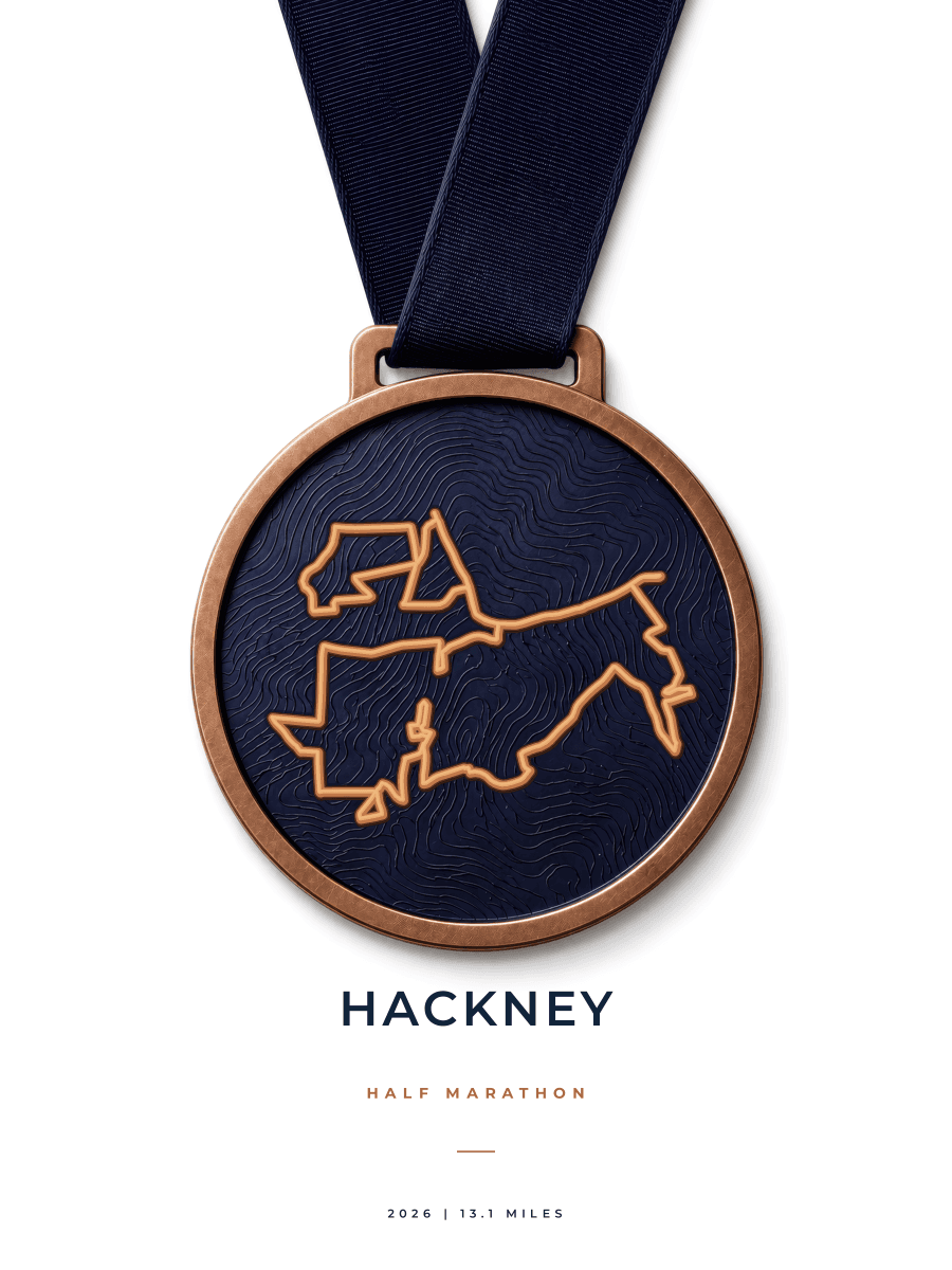 Hackney Half Marathon route poster preview in the Medal artwork style