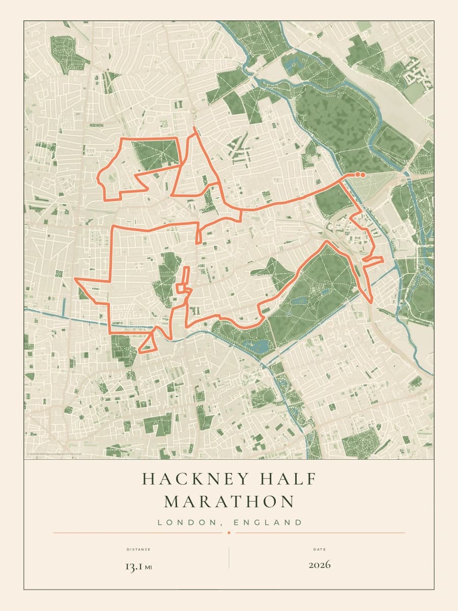 Hackney Half Marathon route poster preview in the Parkland artwork style