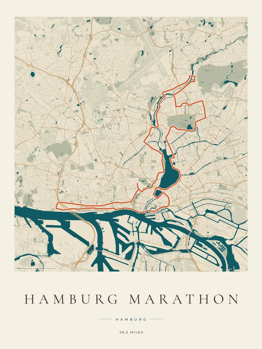 Hamburg Marathon route map poster preview in the Coastal Atlas artwork style