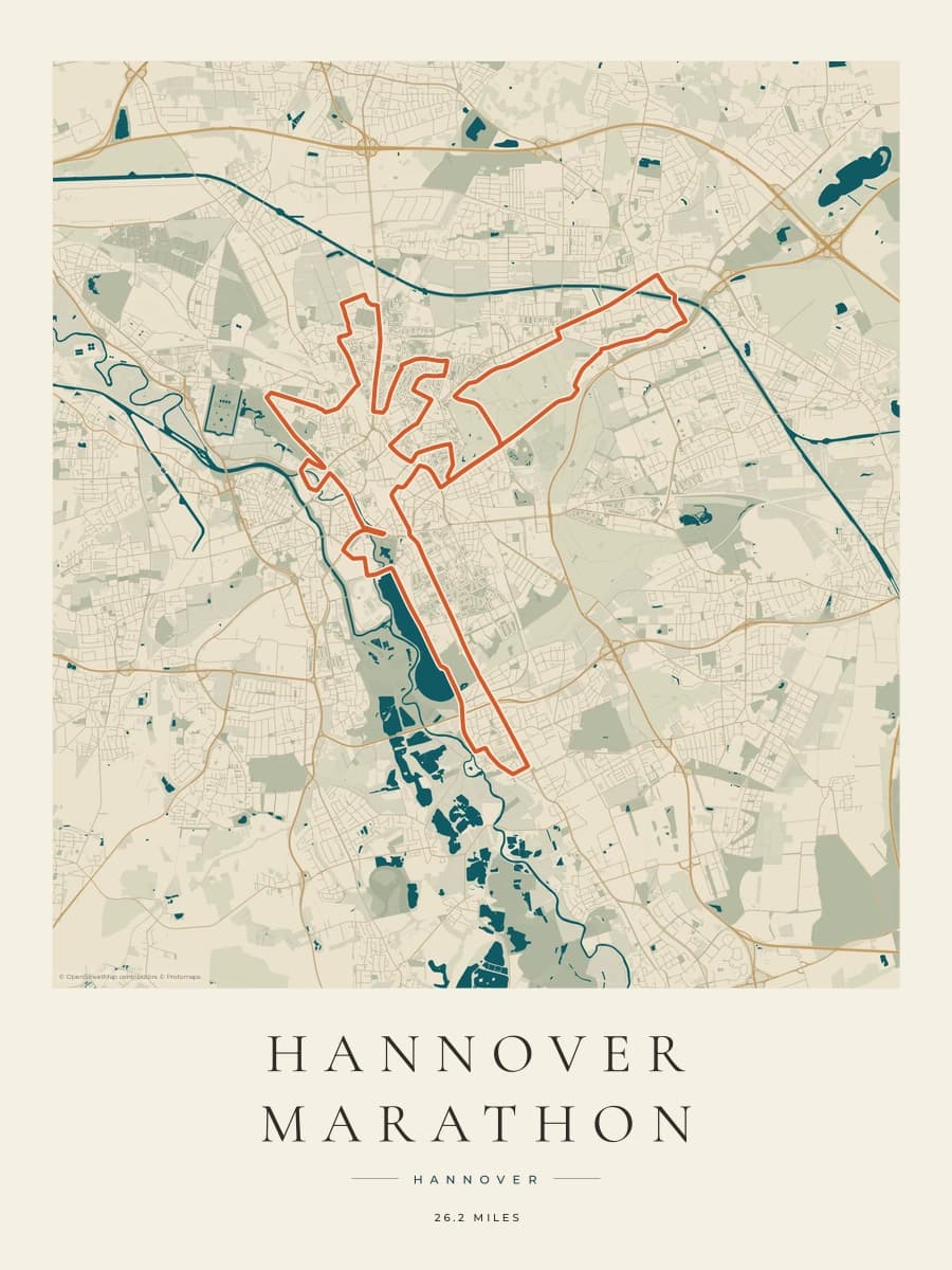 Hannover Marathon route map poster preview in the Coastal Atlas artwork style