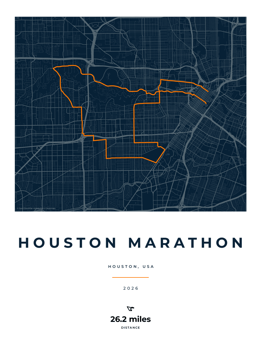 Houston Marathon route poster preview in the Race Blueprint artwork style