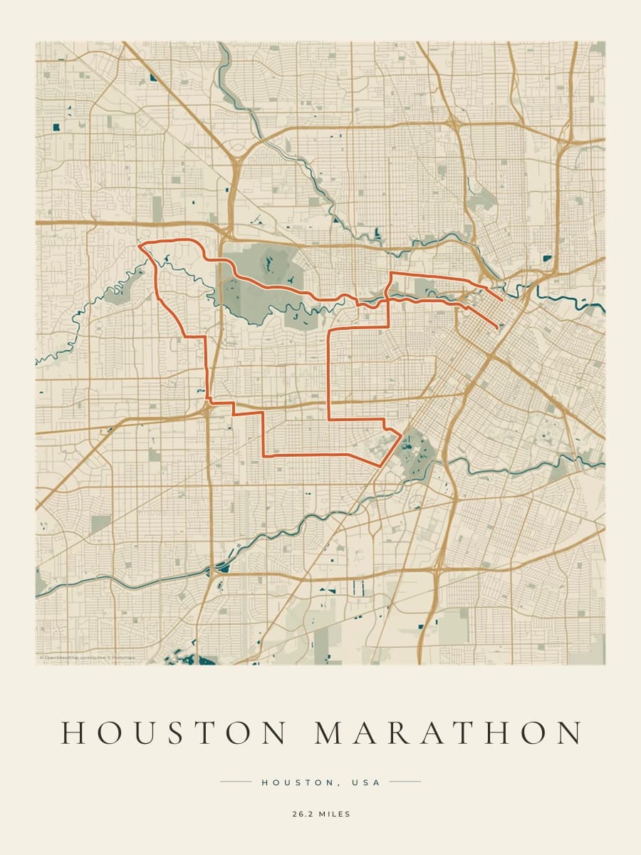 Houston Marathon route poster preview in the Coastal Atlas artwork style