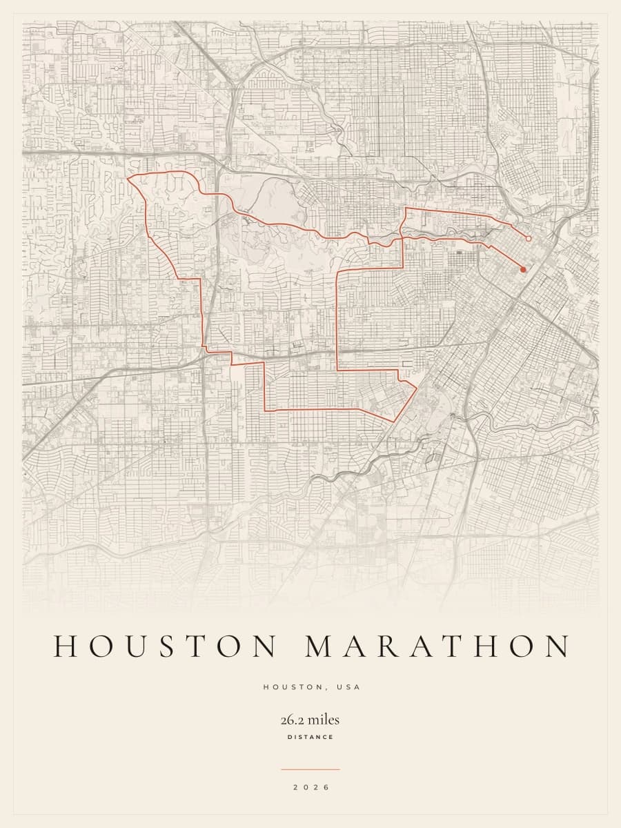 Houston Marathon route poster preview in the Gallery Mono artwork style