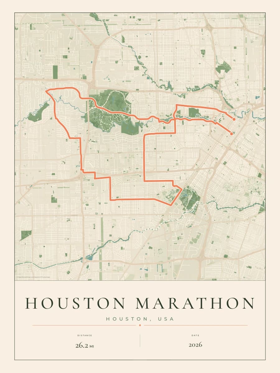 Houston Marathon route poster preview in the Parkland artwork style