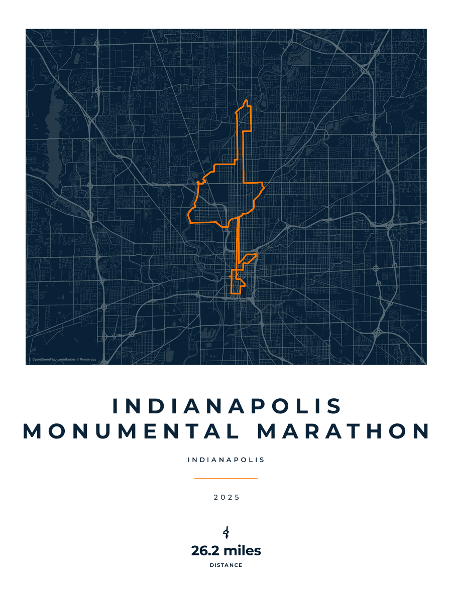 Indianapolis Monumental Marathon route map poster preview in the Race Blueprint artwork style