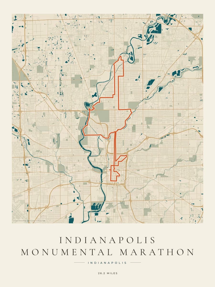 Indianapolis Monumental Marathon route map poster preview in the Coastal Atlas artwork style