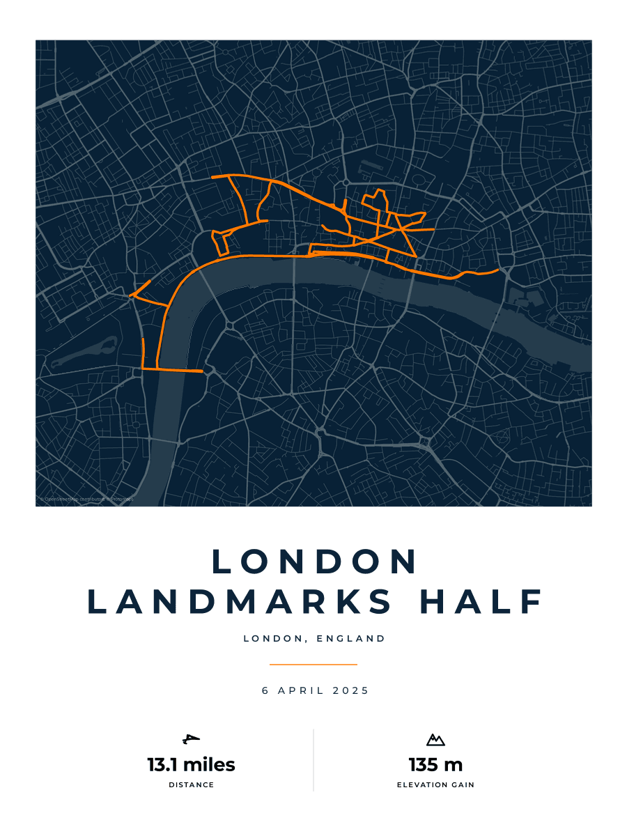 Route Into Art poster render for the London Landmarks Half Marathon route in the Race Blueprint artwork style