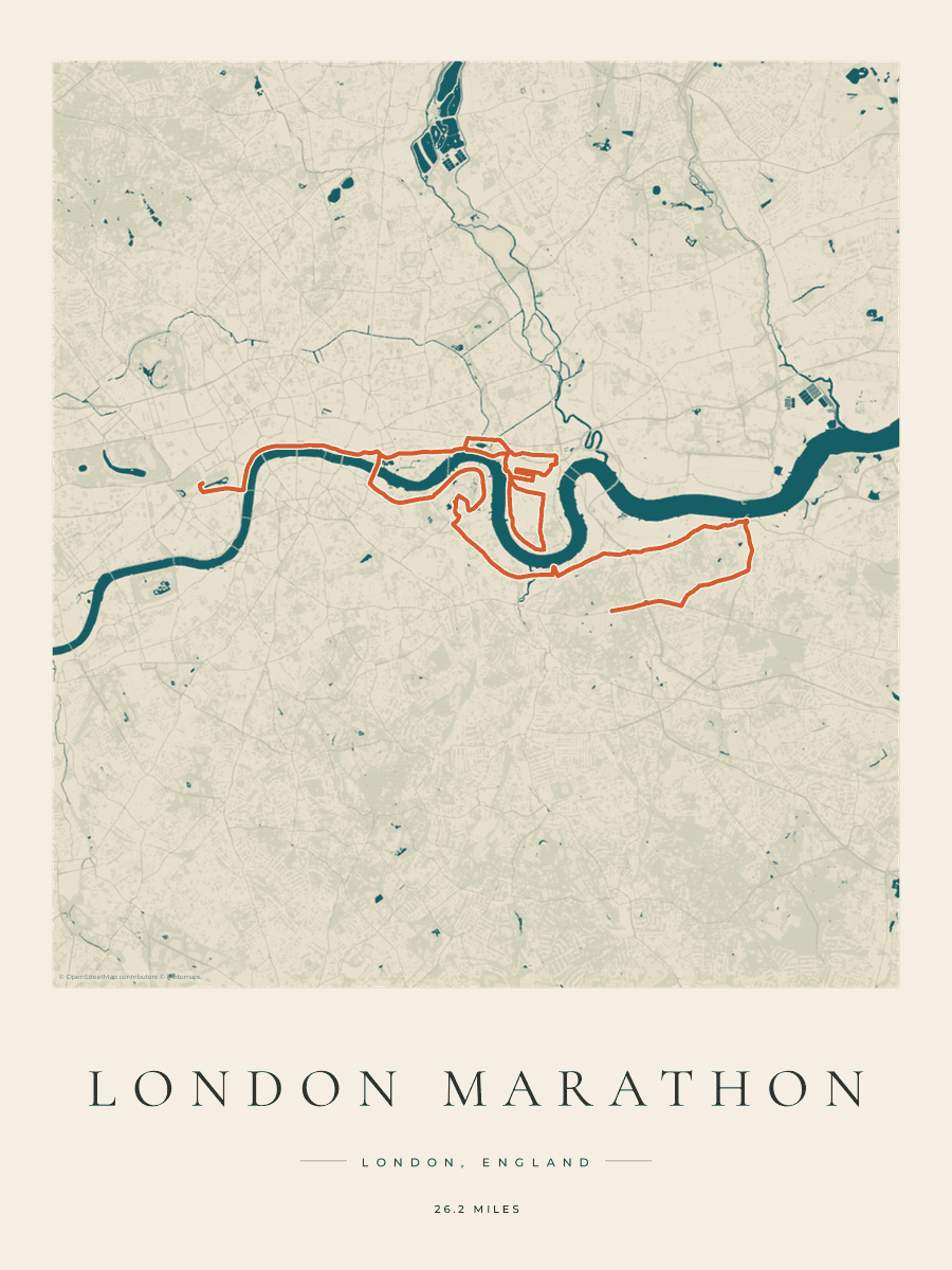 London Marathon route poster preview in the Coastal Atlas artwork style