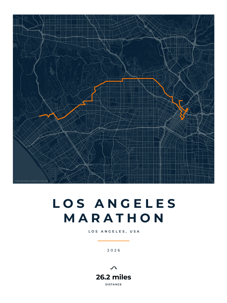 Los Angeles Marathon route poster preview in the Race Blueprint artwork style