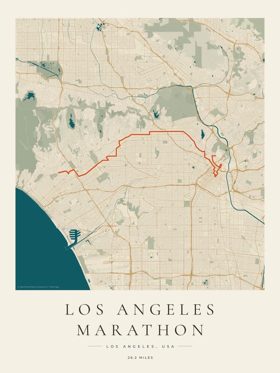 Los Angeles Marathon route poster preview in the Coastal Atlas artwork style