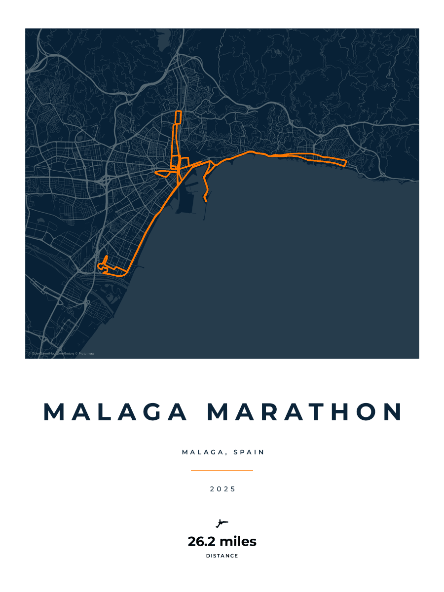Malaga Marathon route poster preview in the Race Blueprint artwork style