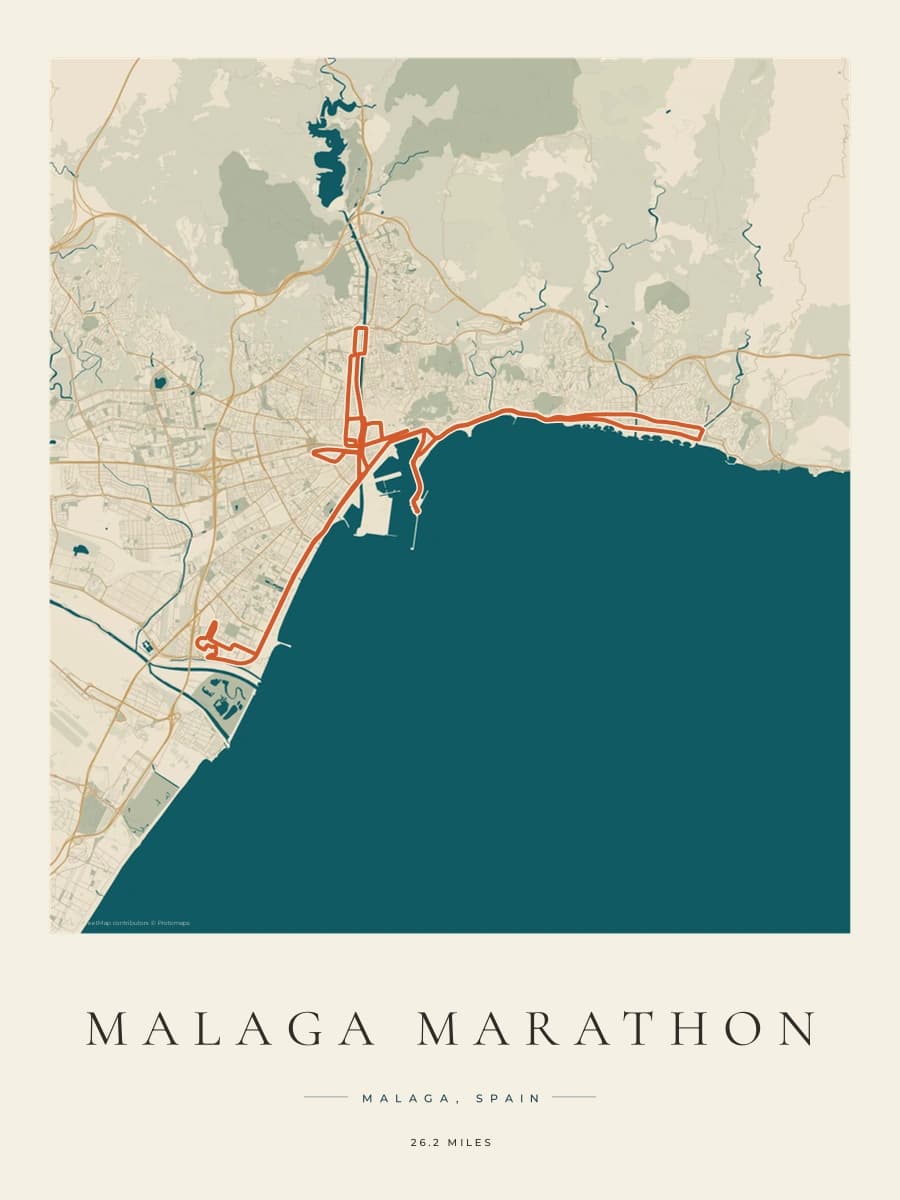 Malaga Marathon route poster preview in the Coastal Atlas artwork style