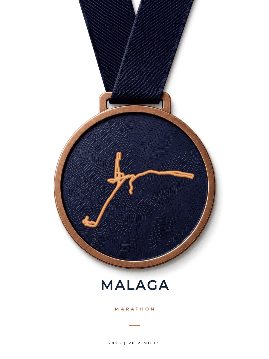 Malaga Marathon route poster preview in the Medal artwork style