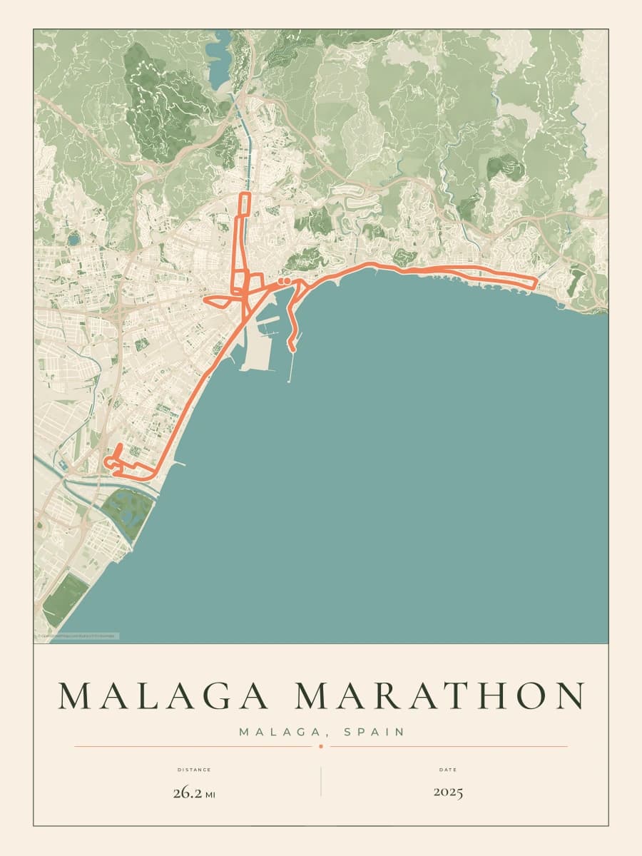 Malaga Marathon route poster preview in the Parkland artwork style