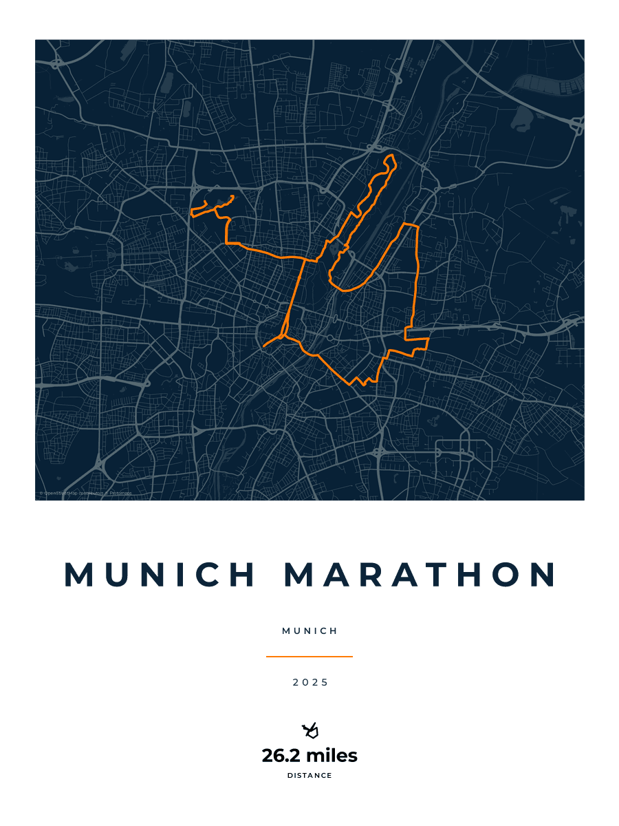Munich Marathon route map poster preview in the Race Blueprint artwork style