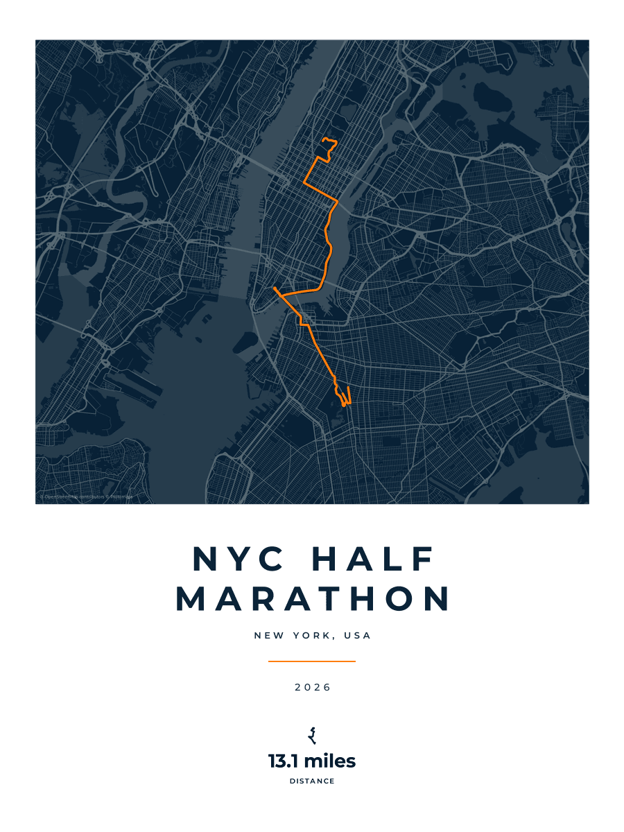 NYC Half Marathon route poster preview in the Race Blueprint artwork style