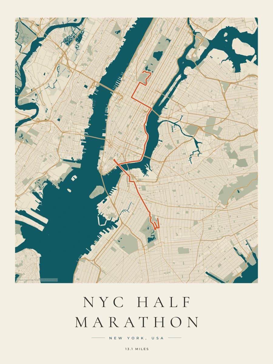 NYC Half Marathon route poster preview in the Coastal Atlas artwork style