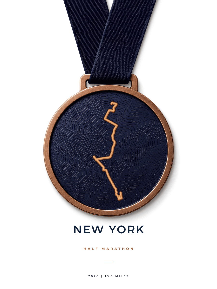 NYC Half Marathon route poster preview in the Medal artwork style