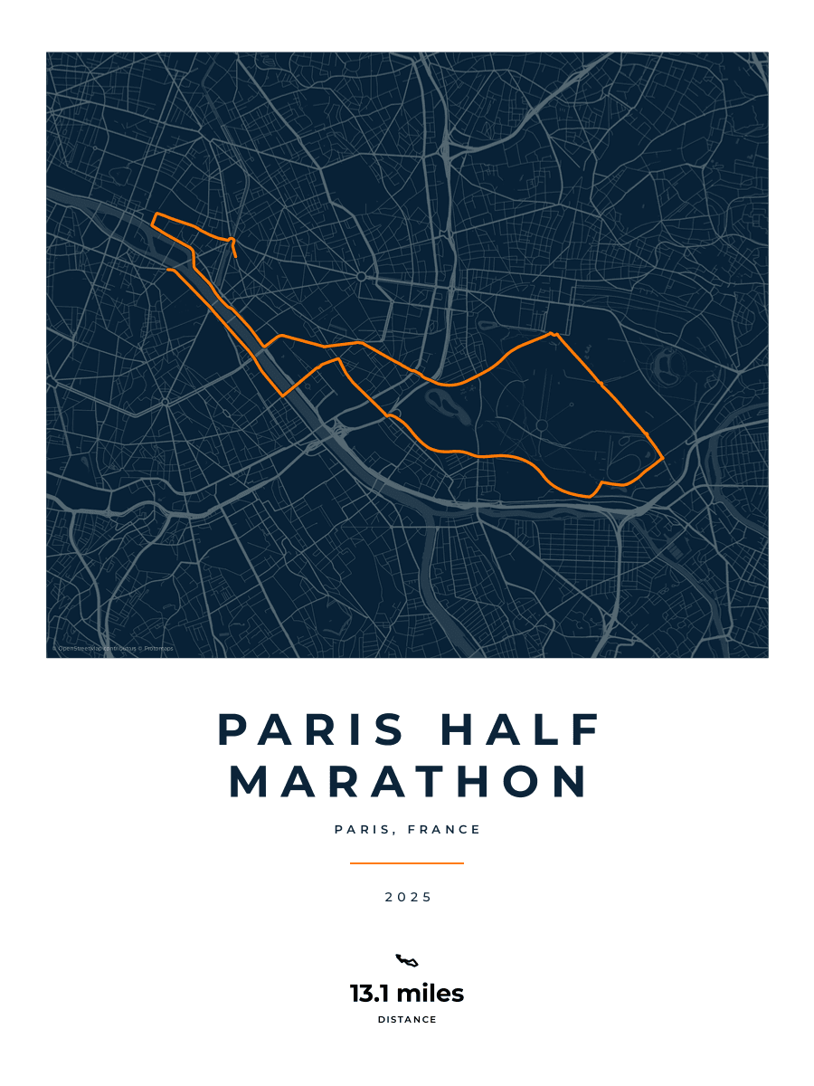 Paris Half Marathon route poster preview in the Race Blueprint artwork style