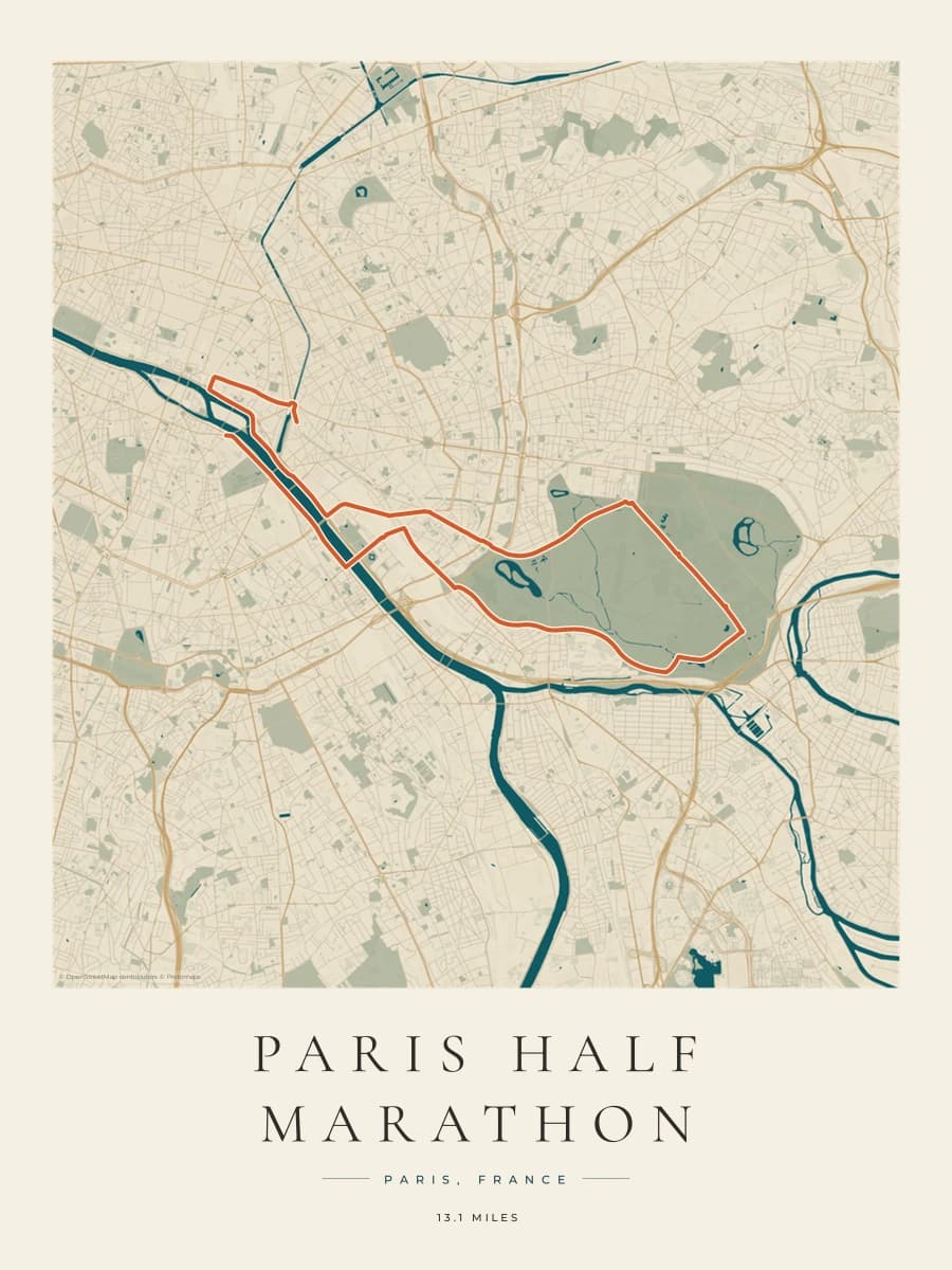 Paris Half Marathon route poster preview in the Coastal Atlas artwork style