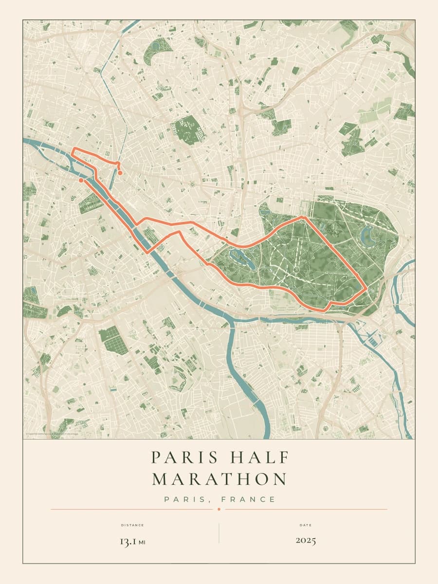 Paris Half Marathon route poster preview in the Parkland artwork style