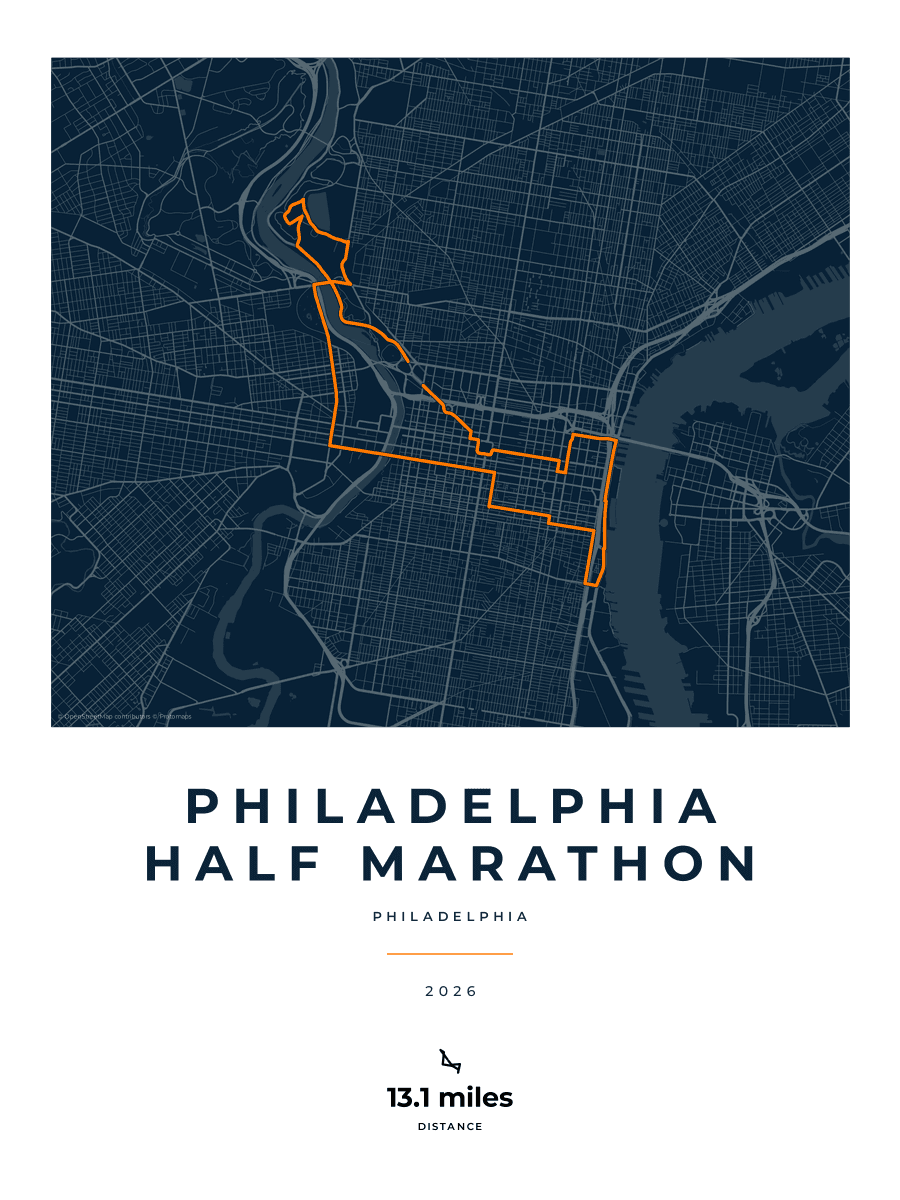 Philadelphia Half Marathon route map poster preview in the Race Blueprint artwork style