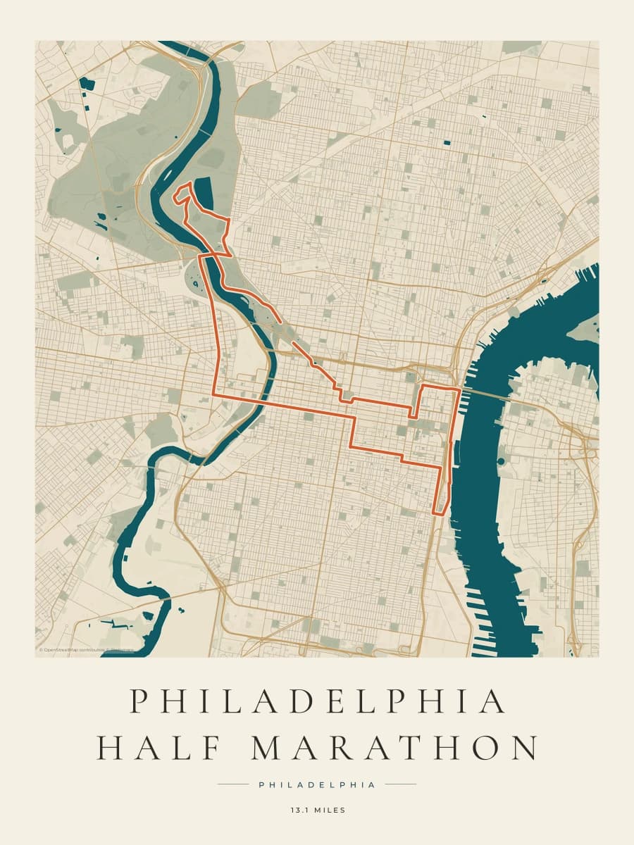 Philadelphia Half Marathon route map poster preview in the Coastal Atlas artwork style