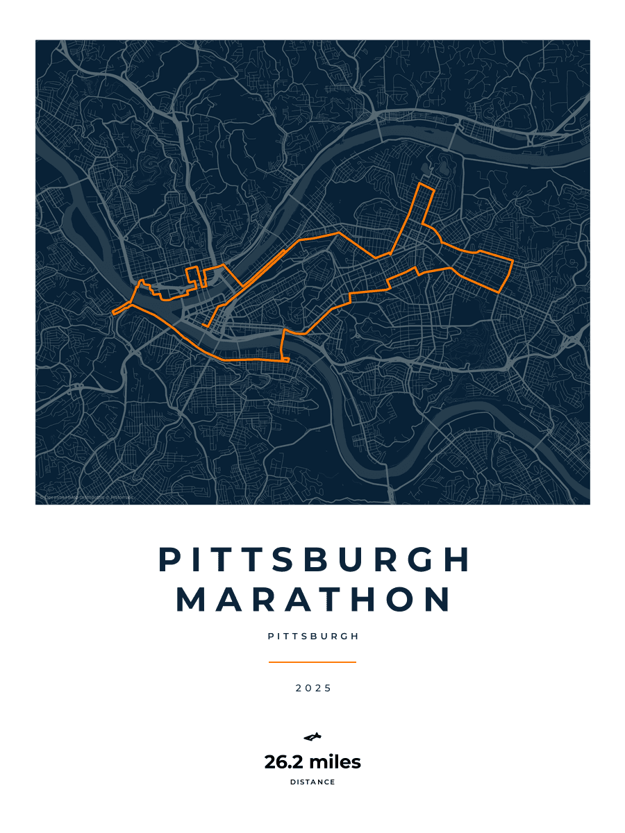 Pittsburgh Marathon route map poster preview in the Race Blueprint artwork style
