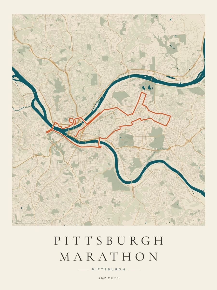Pittsburgh Marathon route map poster preview in the Coastal Atlas artwork style