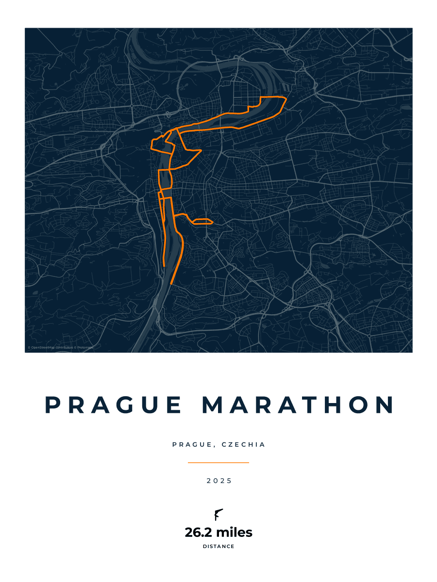 Prague Marathon route poster preview in the Race Blueprint artwork style