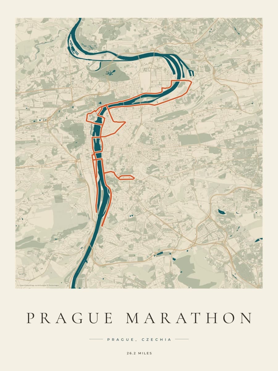 Prague Marathon route poster preview in the Coastal Atlas artwork style