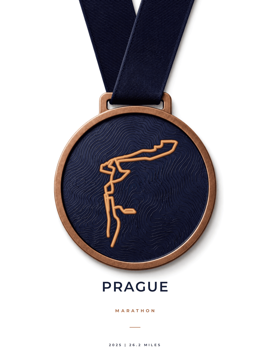 Prague Marathon route poster preview in the Medal artwork style