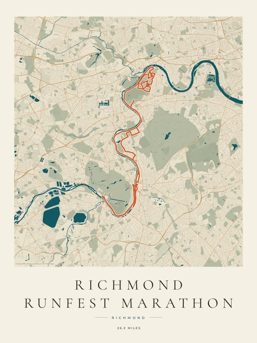 Richmond RUNFEST Marathon route poster preview in the Coastal Atlas artwork style