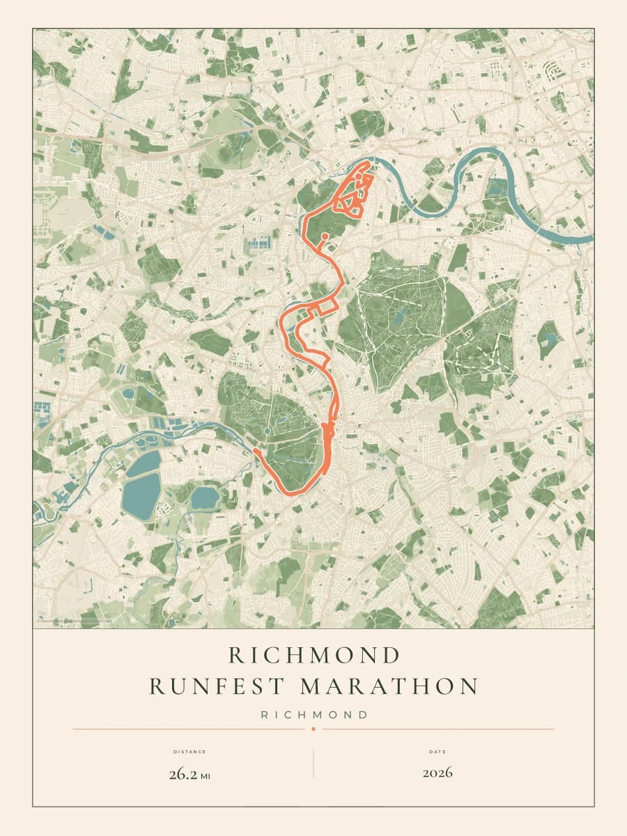 Richmond RUNFEST Marathon route poster preview in the Parkland artwork style