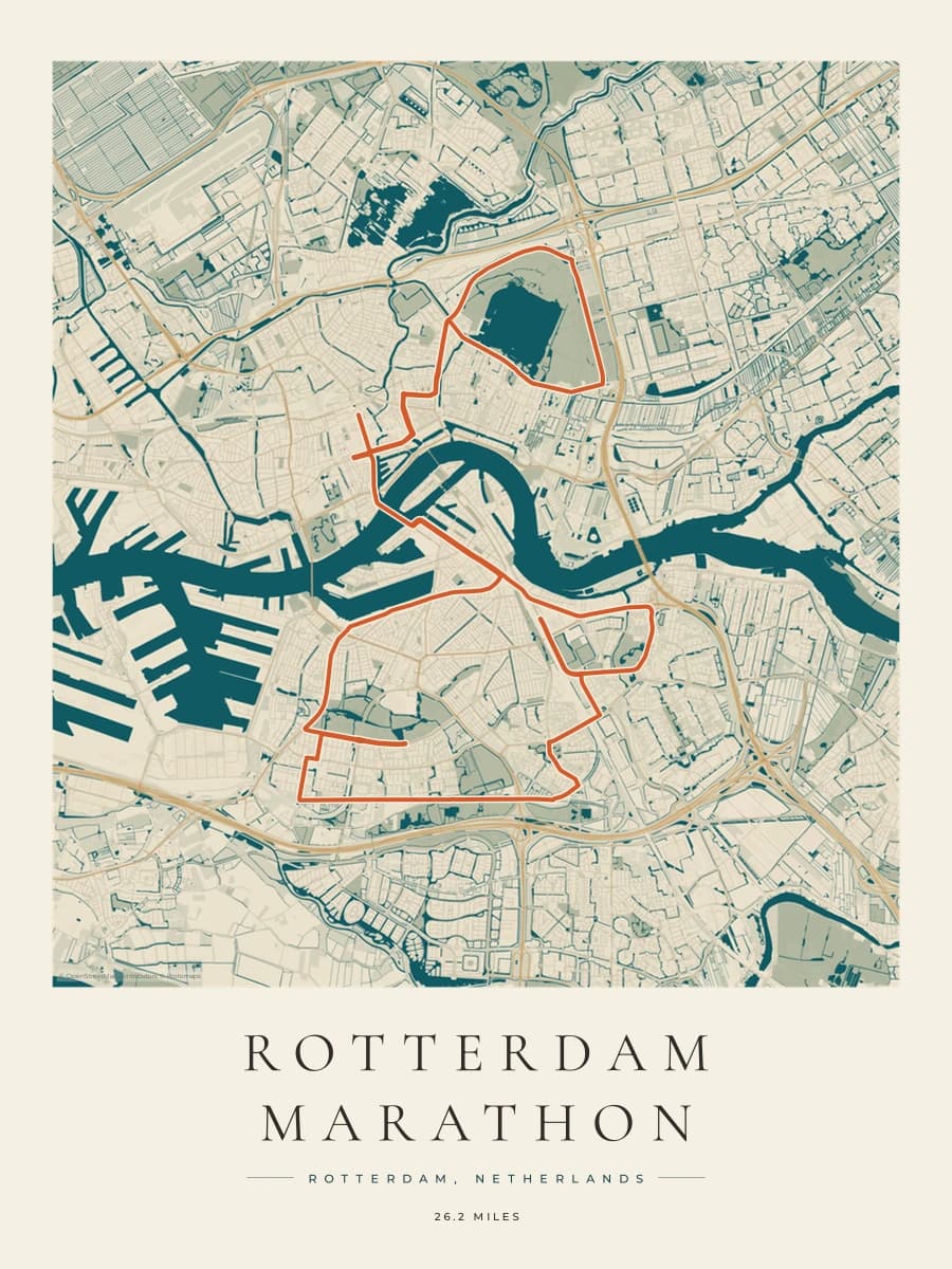Rotterdam Marathon route poster preview in the Coastal Atlas artwork style