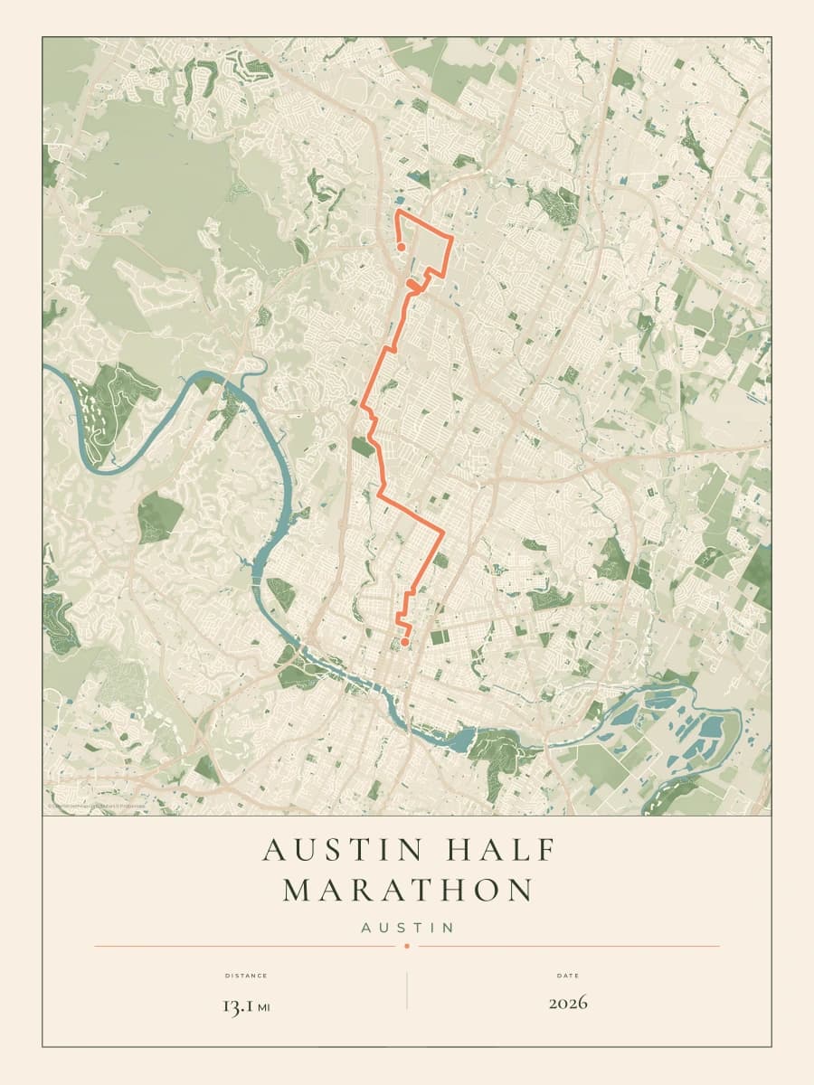 Austin Half Marathon route map poster preview in the Parkland artwork style