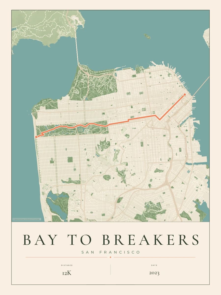 Bay to Breakers route map poster preview in the Parkland artwork style