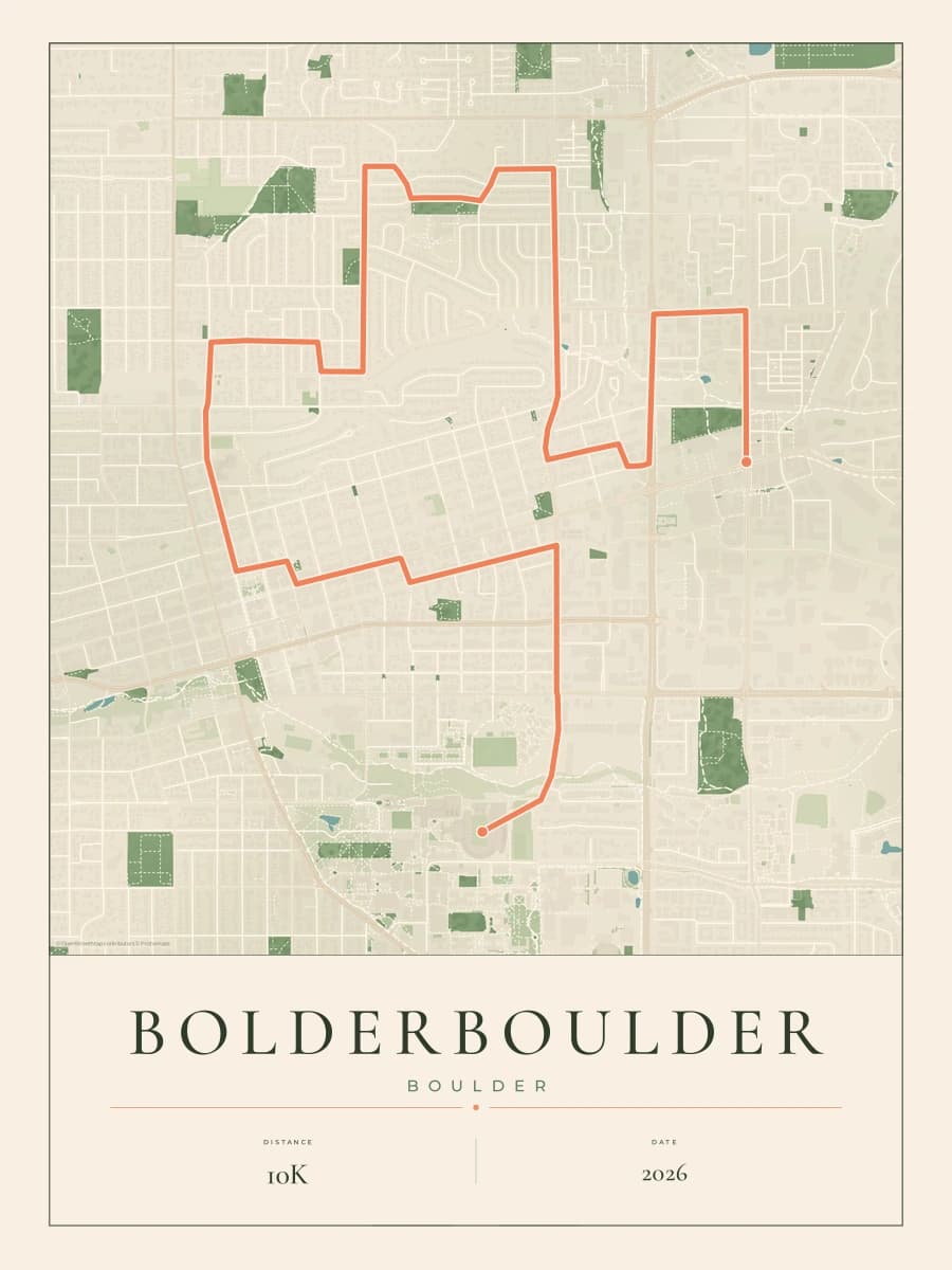 BOLDERBoulder route map poster preview in the Parkland artwork style