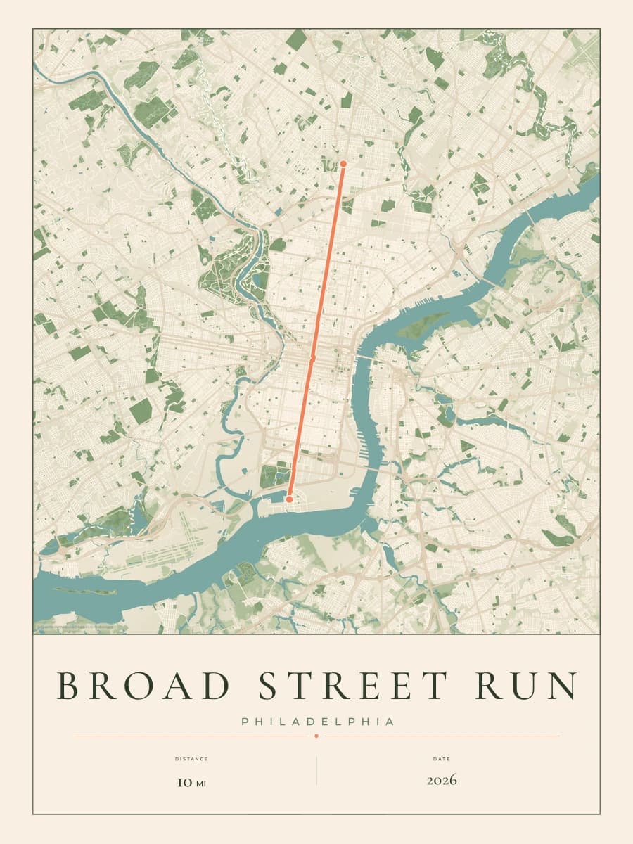 Broad Street Run route map poster preview in the Parkland artwork style