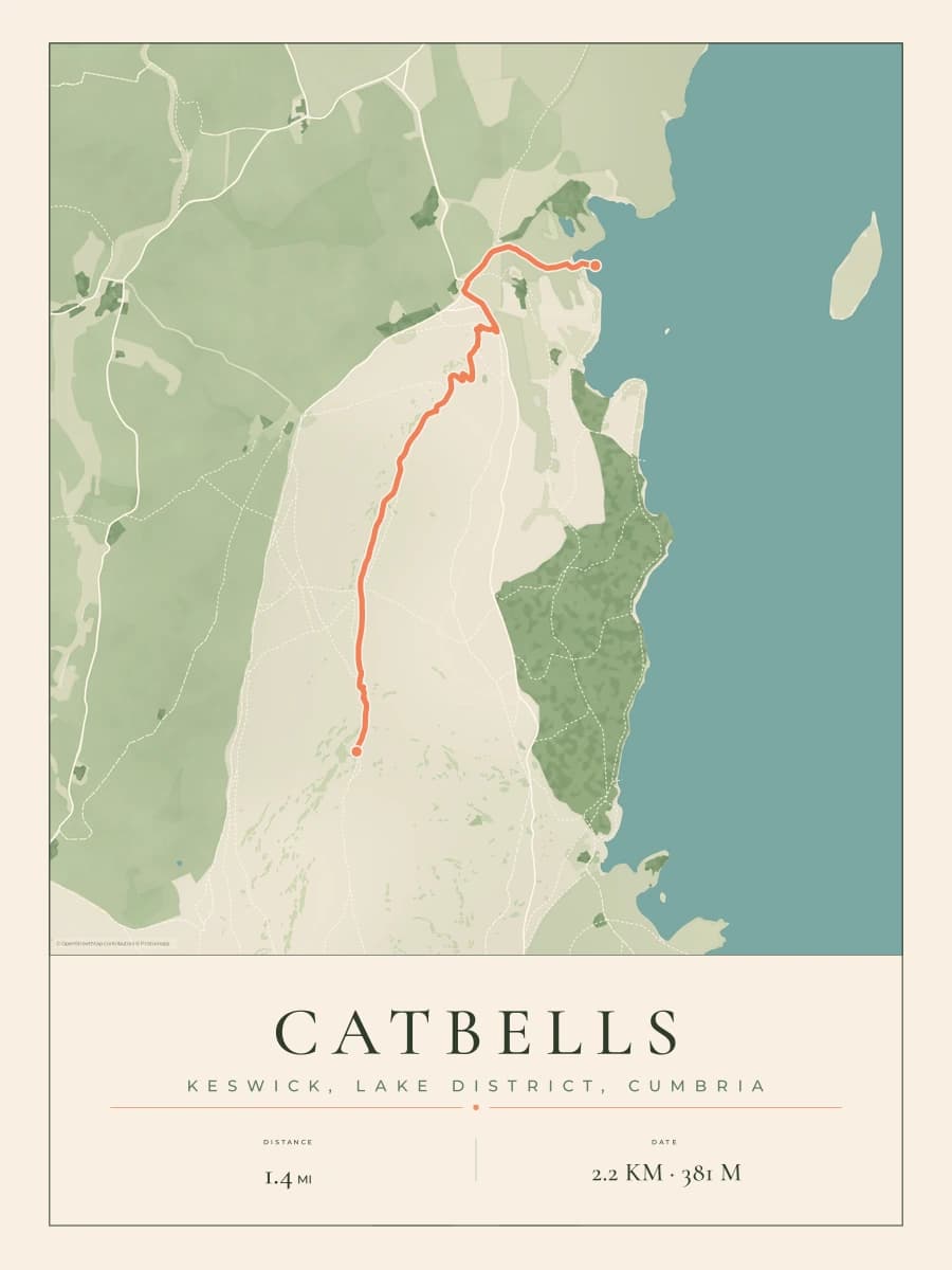Catbells route map poster preview in the Parkland artwork style
