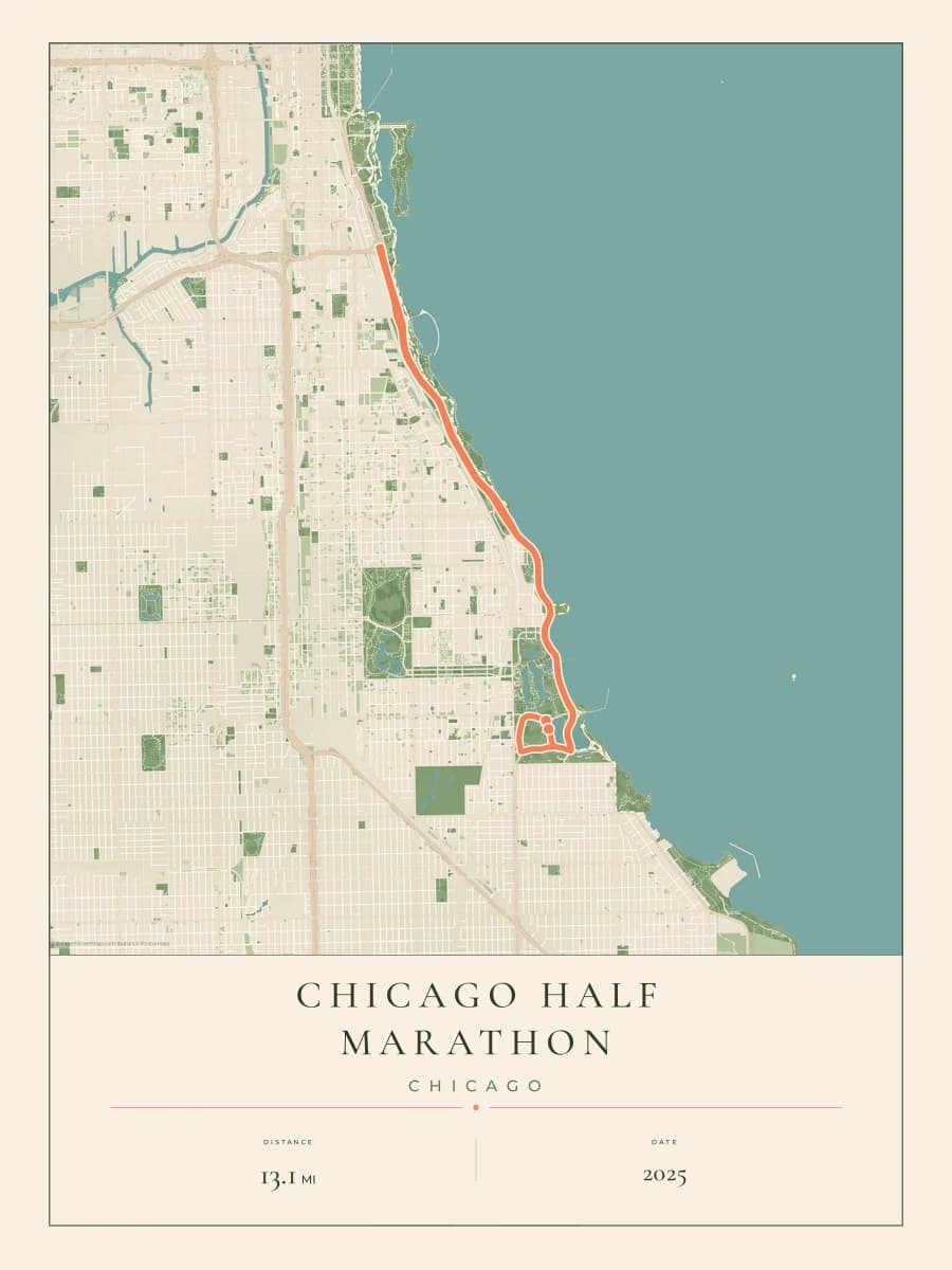 Chicago Half Marathon route map poster preview in the Parkland artwork style
