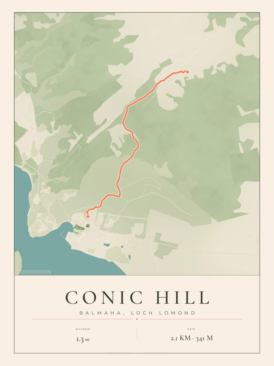 Conic Hill route map poster preview in the Parkland artwork style