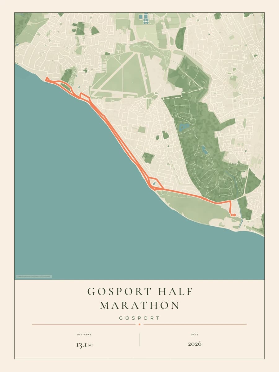 Gosport Half Marathon route map poster preview in the Parkland artwork style