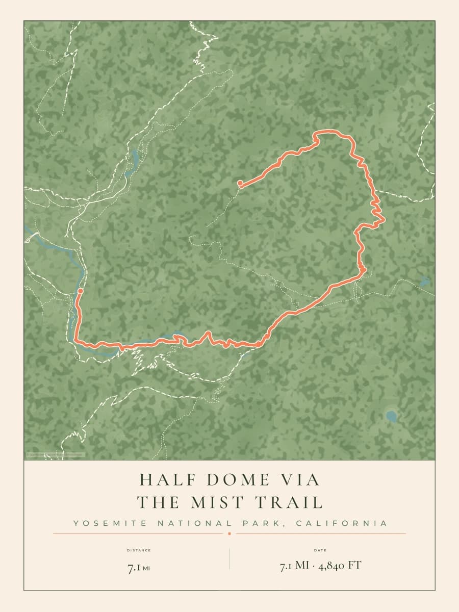 Half Dome route map poster preview in the Parkland artwork style