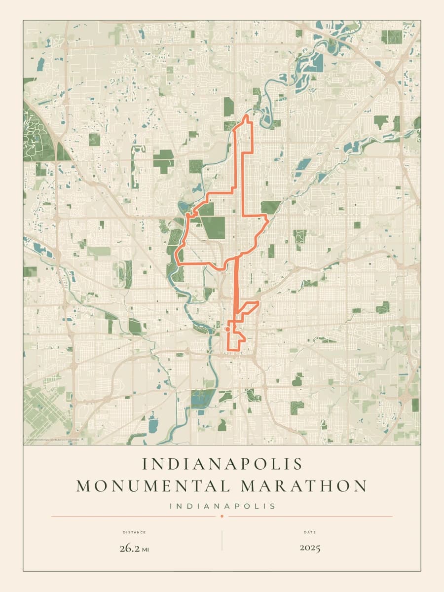 Indianapolis Monumental Marathon route map poster preview in the Parkland artwork style