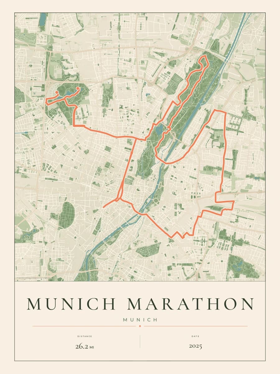 Munich Marathon route map poster preview in the Parkland artwork style