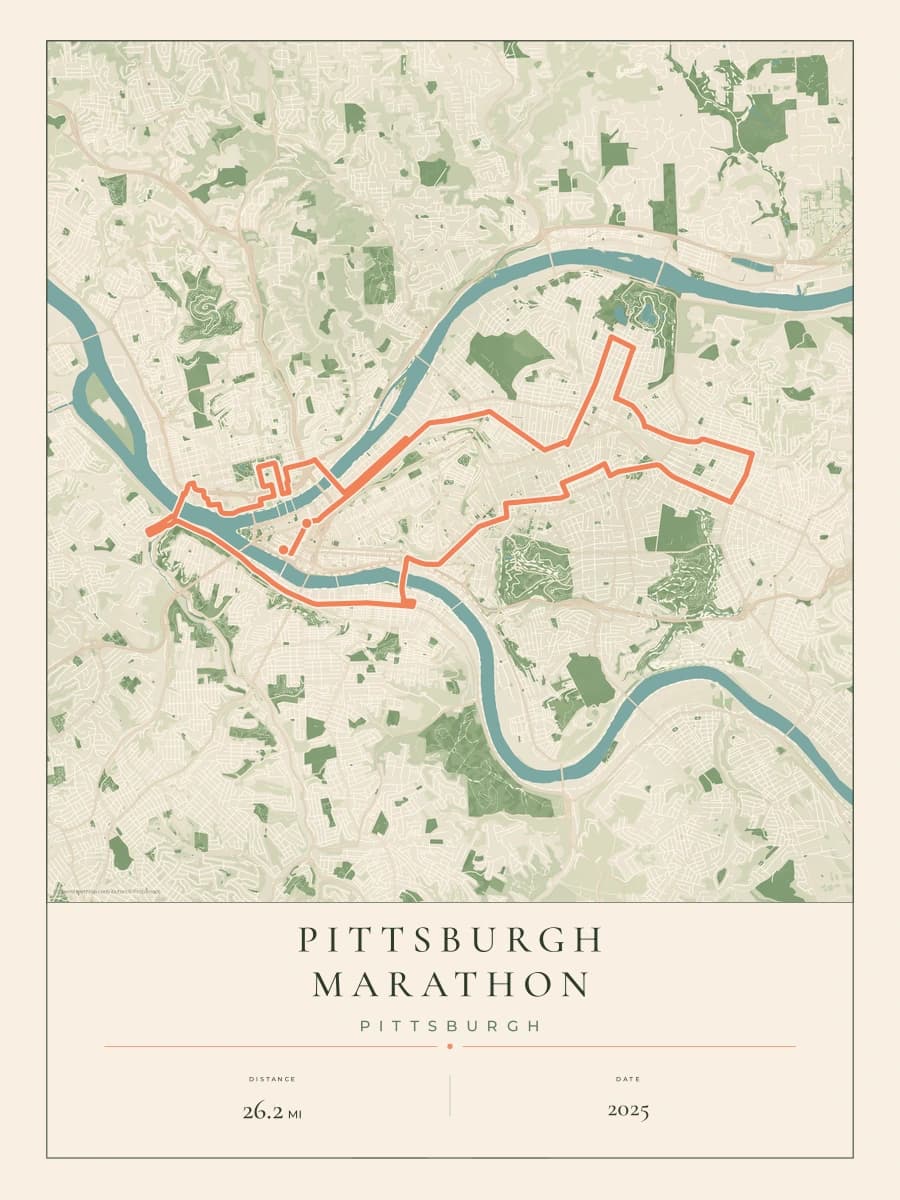 Pittsburgh Marathon route map poster preview in the Parkland artwork style